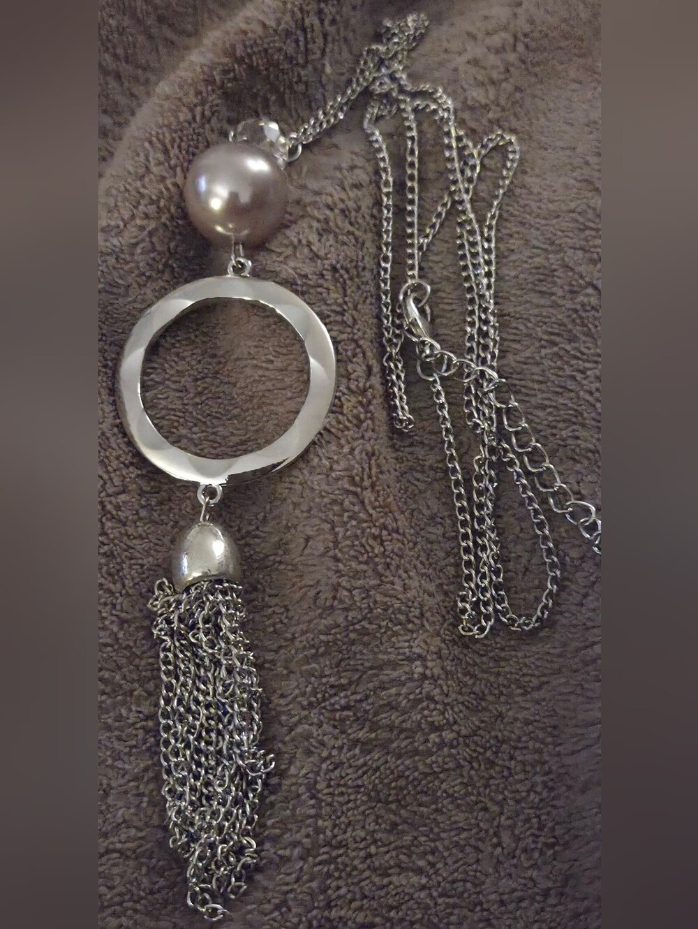 Silver-Tone Circle Tassel Necklace with Pearl Accent